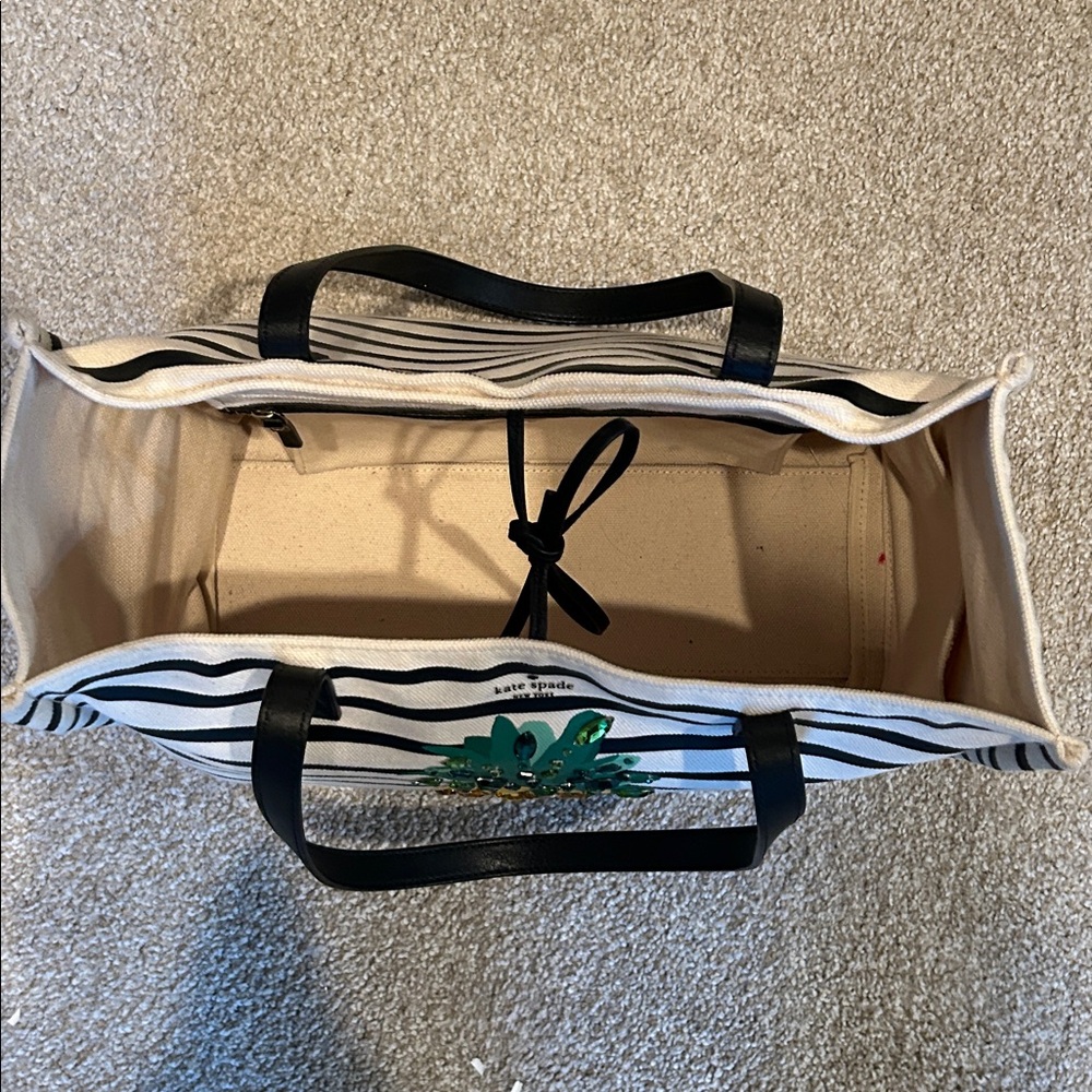 Kate Spade by the pool Black and Cream Striped Tote with jeweled pineapple - Picture 2 of 4